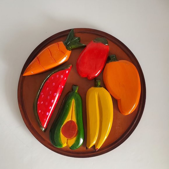 MCM Hand Carved Wood Wall Plaque Fruit & Veggies Plate Haitian Art Colourful - Picture 6 of 9